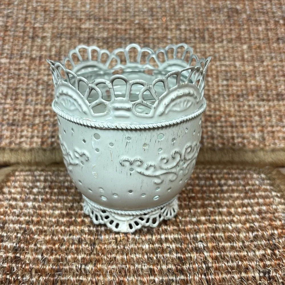 Shabby Chic Metal Candle Holder distressed ivory lace pedestal, glass votive cup